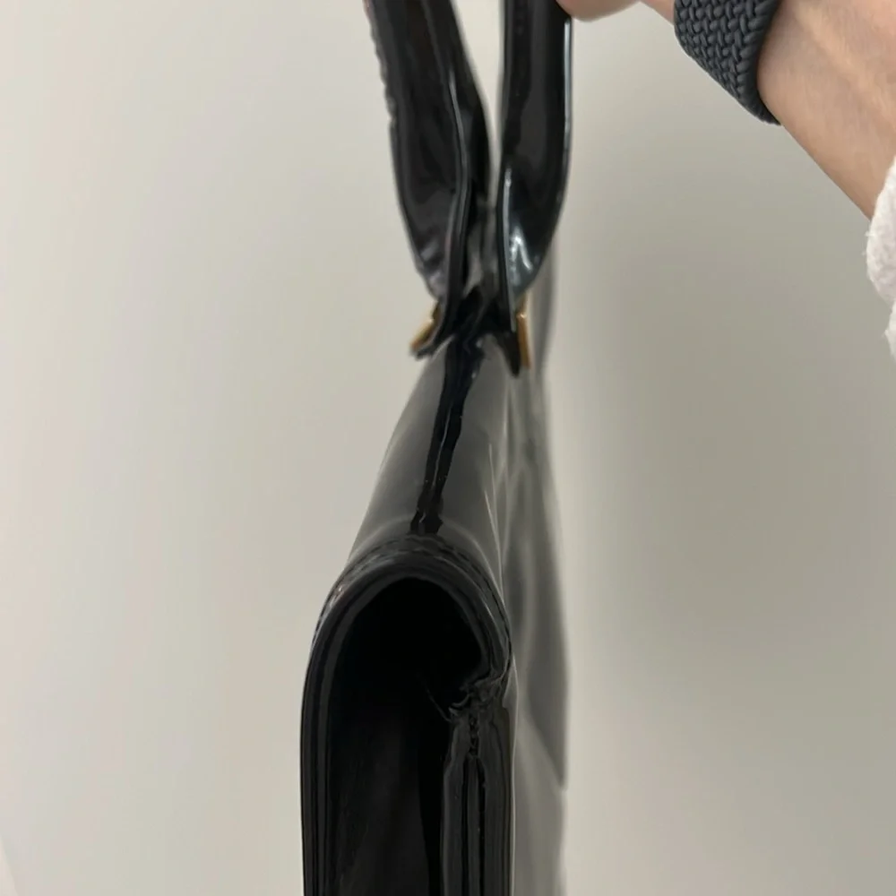 VTG 60s Ronay Black Patent Leather Tote Bag Large Laptop Case Structured Gold